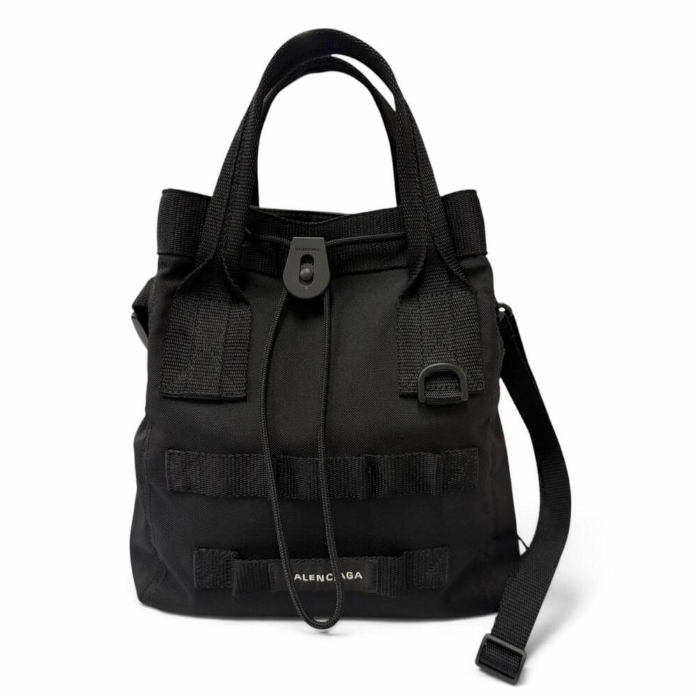 BALENCIAGA 644029 ARMY Small Nylon Leather 2-Way Tote Bag, Black, Made in Ita...